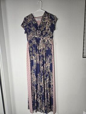 Shelby & Palmer Navy and Pink Paisley Faux-Wrap Maxi Dress